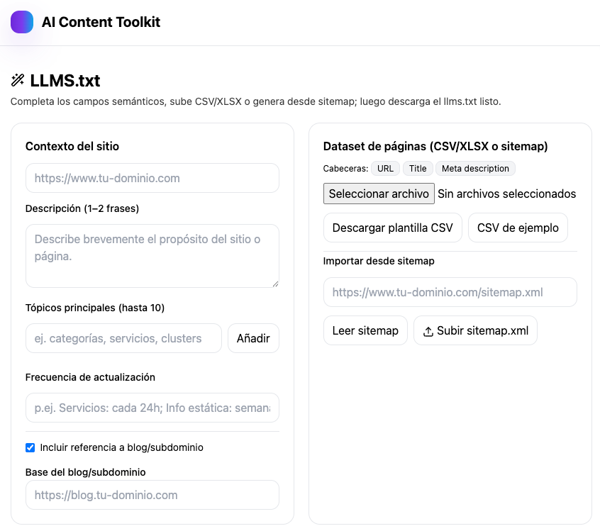 Constructor de archivo llms.tyxt Para Agentes conversacionales y AI como ChatGPT, Perplexity, Copilot, Gemini, DeepSeek, etc
